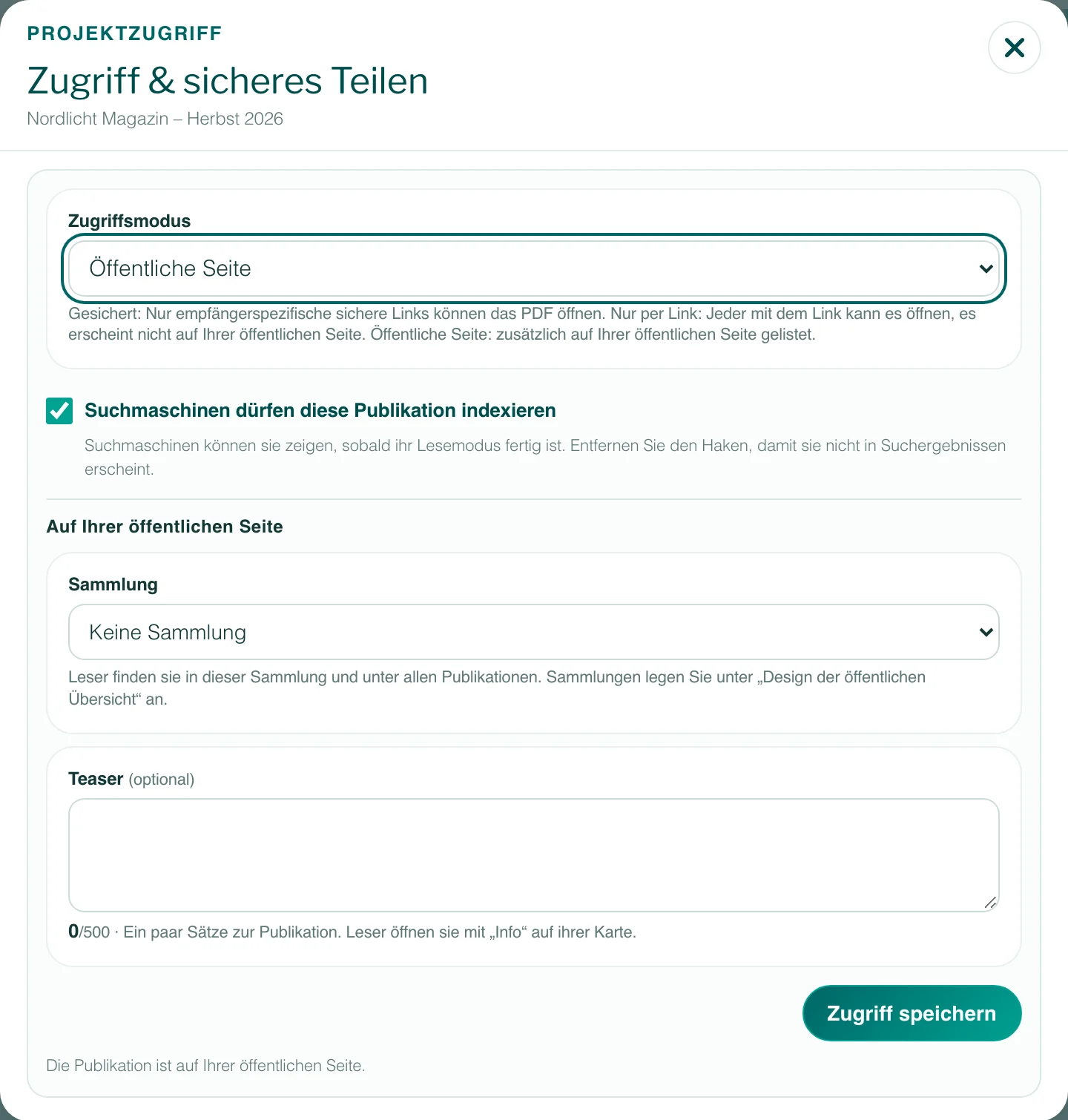 Der Dialog „Zugriff & sicheres Teilen“ mit dem Zugriffsmodus Öffentliche Seite, dem Kästchen für Suchmaschinen, Sammlung und Teaser.
