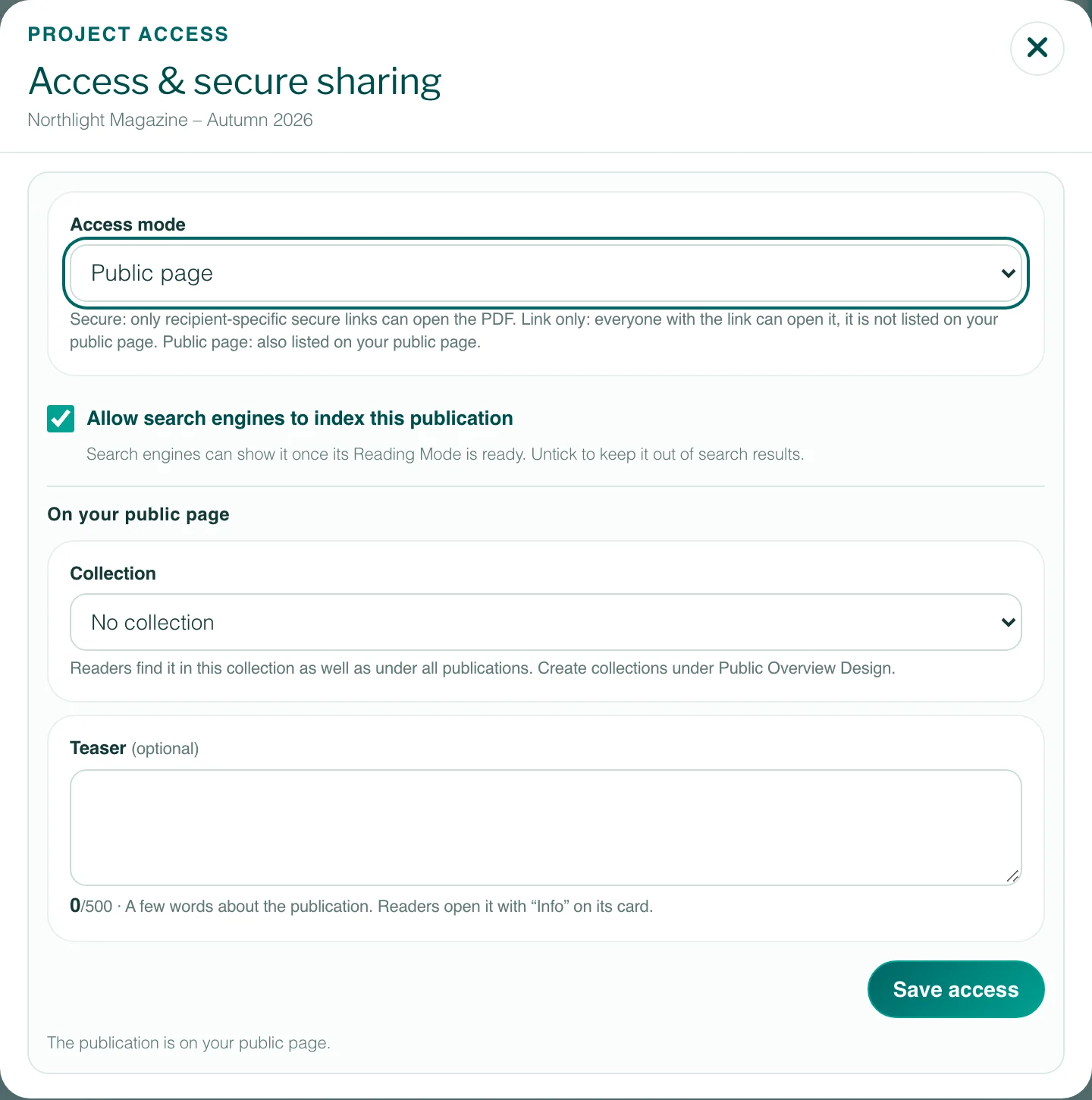 The Access & secure sharing dialog with the access mode Public page, the search engine box, collection and teaser.