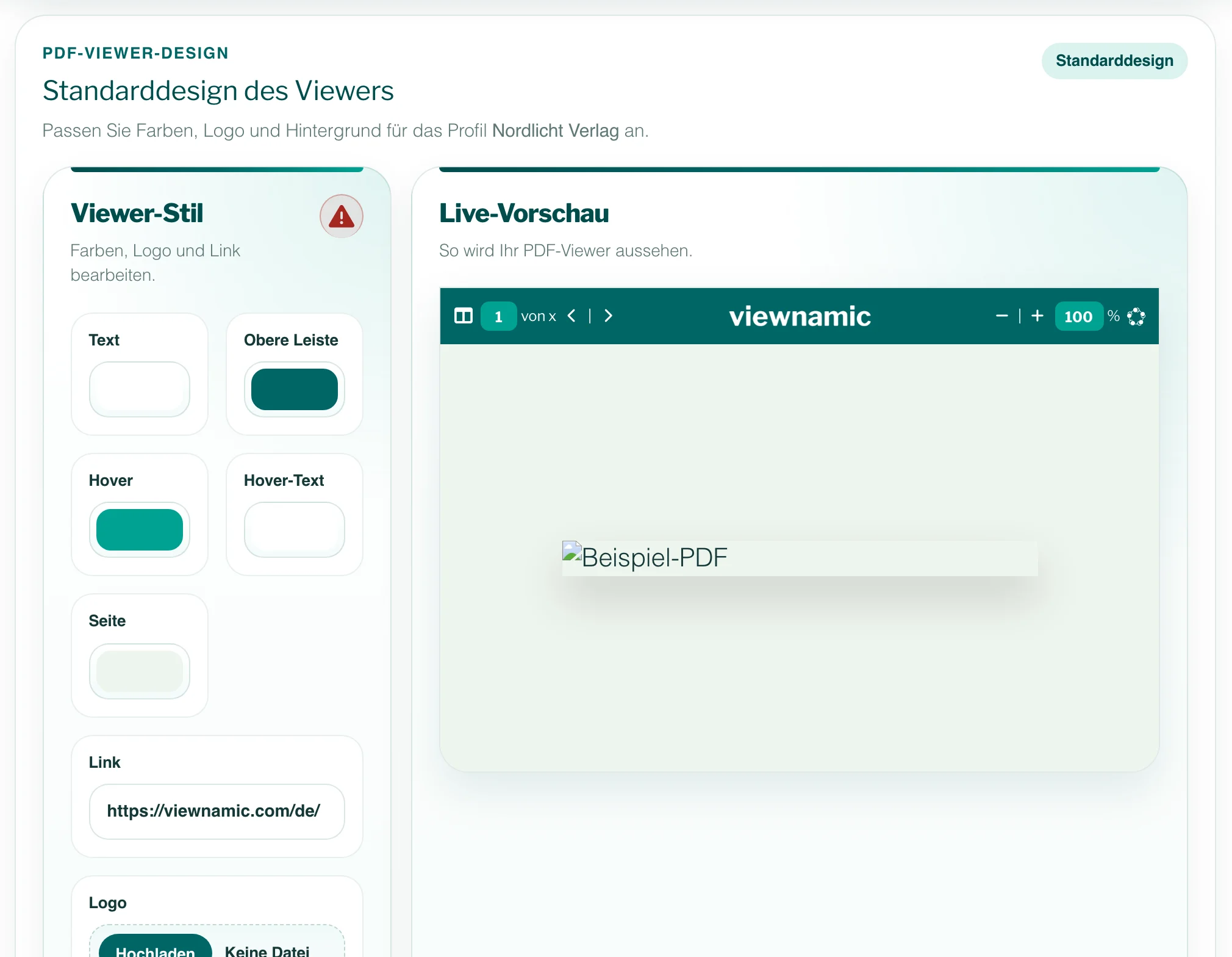 Der Bereich „PDF-Viewer-Design“ im Workspace mit Farbfeldern, Link und Logo-Upload links und einer Live-Vorschau der oberen Leiste rechts.