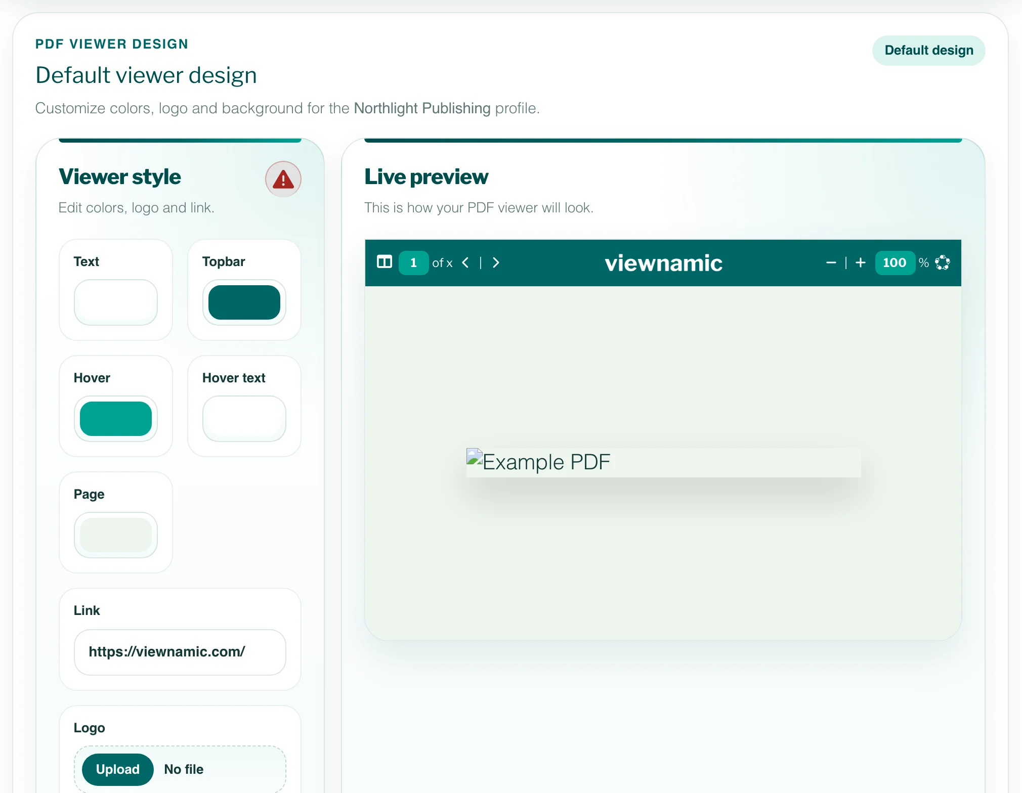 The PDF viewer design section of the Workspace with colour fields, link and logo upload on the left and a live preview of the top bar on the right.