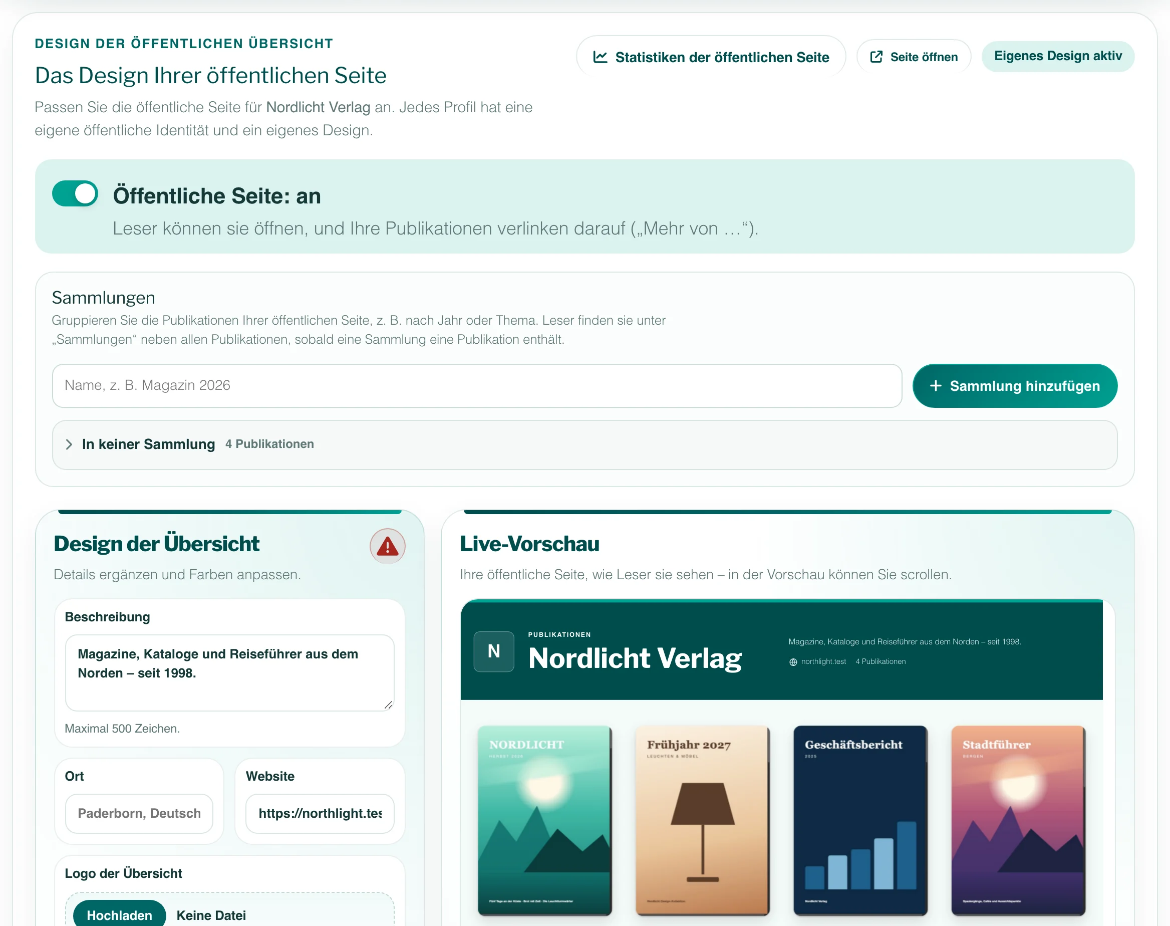 Der Design-Bereich der öffentlichen Seite mit eingeschaltetem Schalter, Sammlungen, dem Design-Formular und einer Live-Vorschau der Seite mit vier Covern.