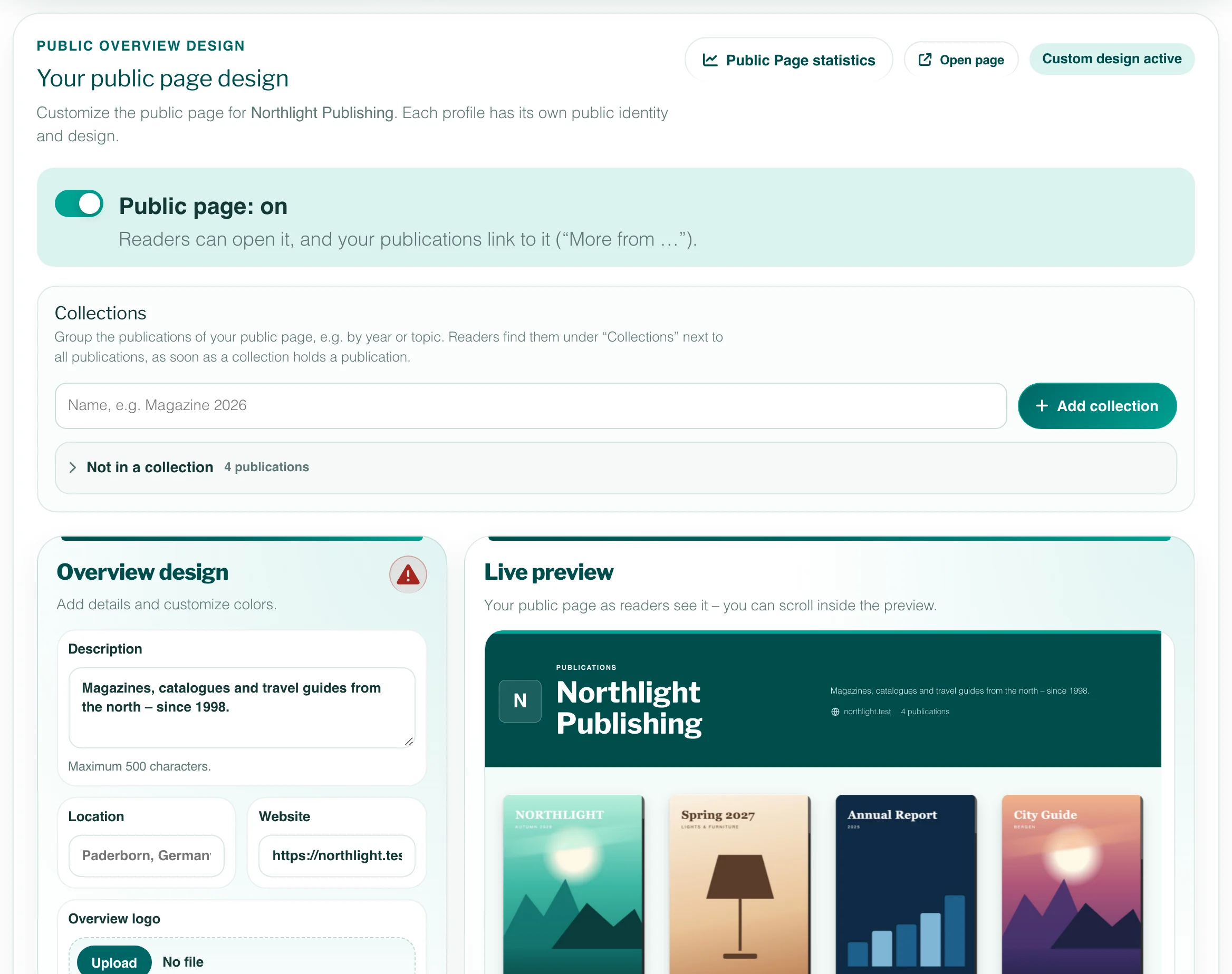 The design section of the public page with the on switch, collections, the design form and a live preview of the page with four covers.