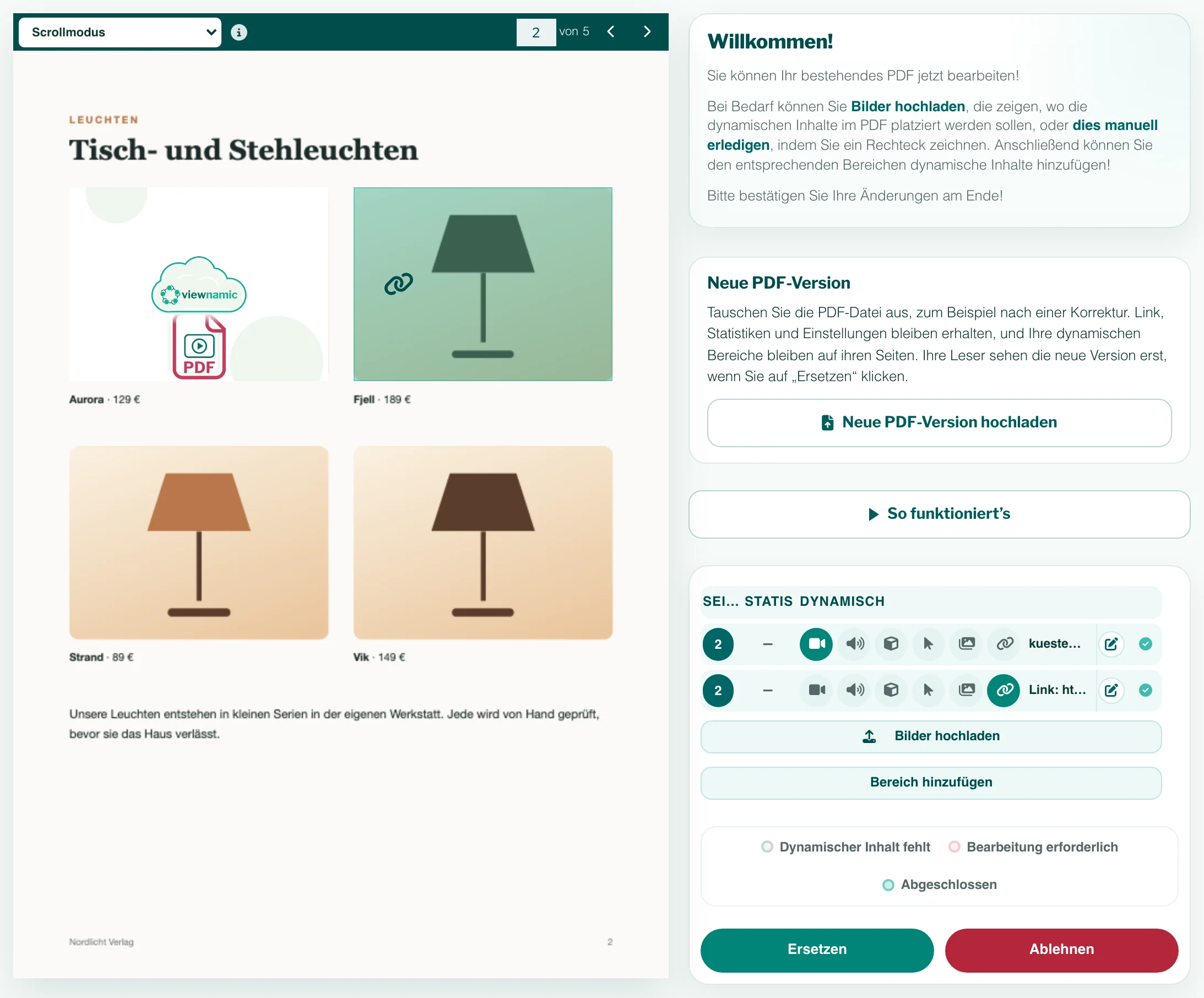 Der Viewnamic-Editor: links eine Katalogseite mit einem Video- und einem Linkbereich, rechts die Liste der Bereiche mit Inhalt und Status, „Bilder hochladen“, „Bereich hinzufügen“, die Farblegende und „Ersetzen“ / „Ablehnen“.