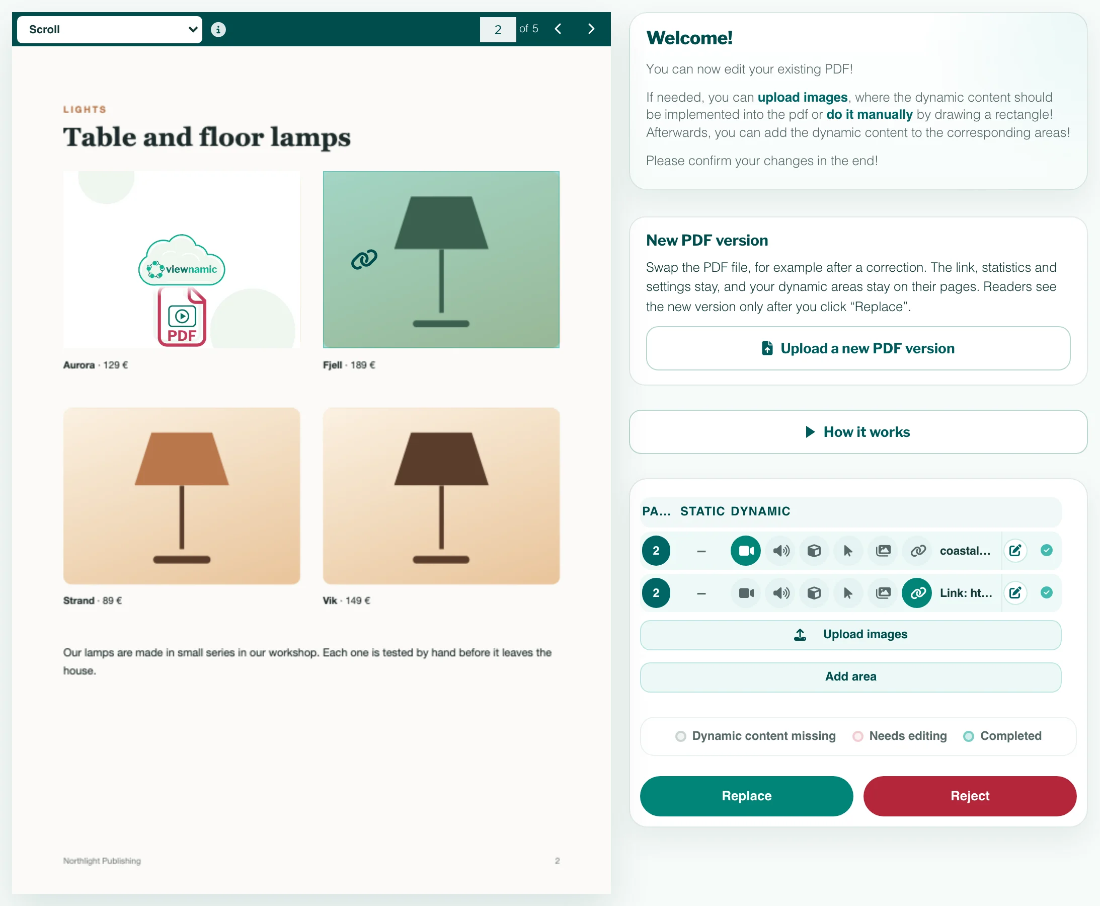 The Viewnamic editor: a catalogue page with a video area and a link area on the left; on the right the list of areas with their content and status, Upload images, Add area, the colour legend and Replace / Reject.