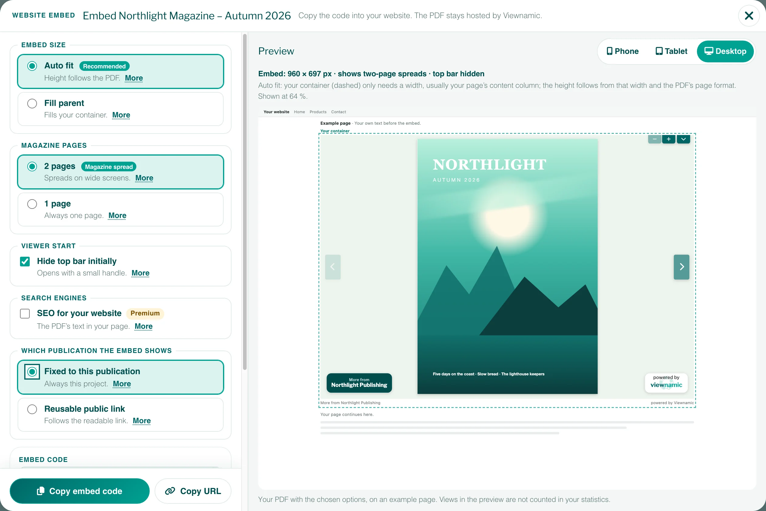 The embed window: options such as Auto fit and magazine pages on the left, a live preview of the magazine on an example page on the right.