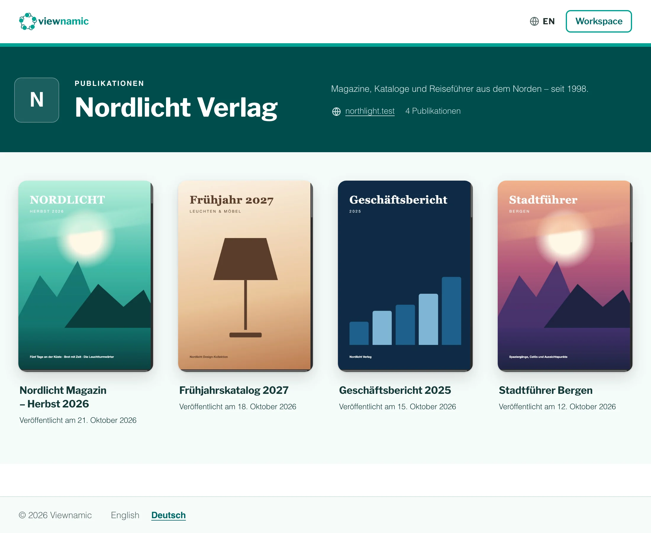 Eine öffentliche Seite: Kopfbereich mit Profilname, Beschreibung und Website, darunter vier Publikationen mit Cover, Titel und Veröffentlichungsdatum.