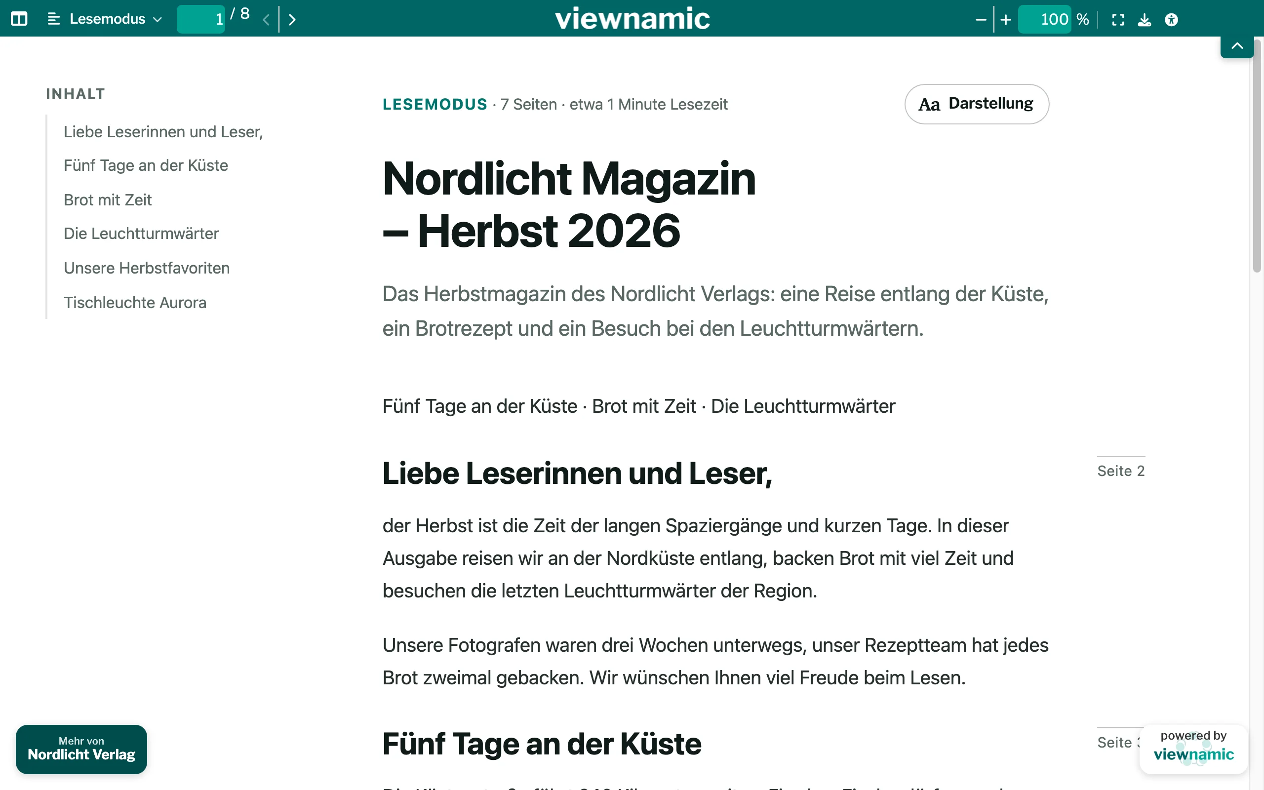Der Lesemodus eines Magazins: links das Inhaltsverzeichnis, rechts Titel, Zusammenfassung und der Text mit Seitenmarken.
