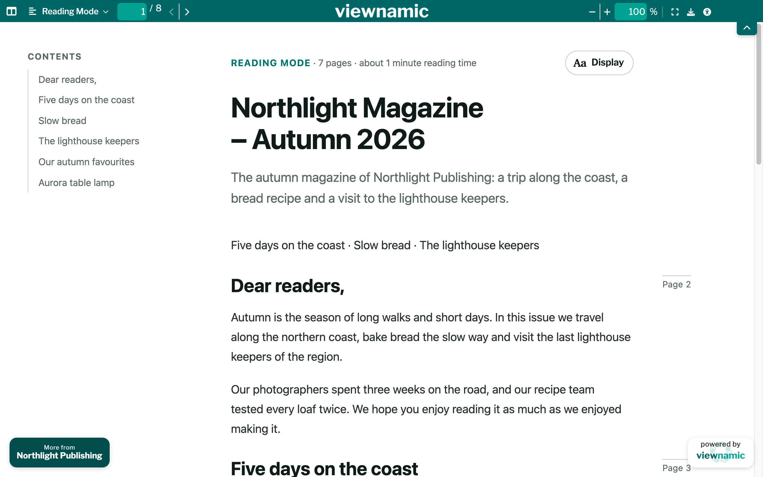 The Reading Mode of a magazine: contents on the left, title, summary and the text with page markers on the right.
