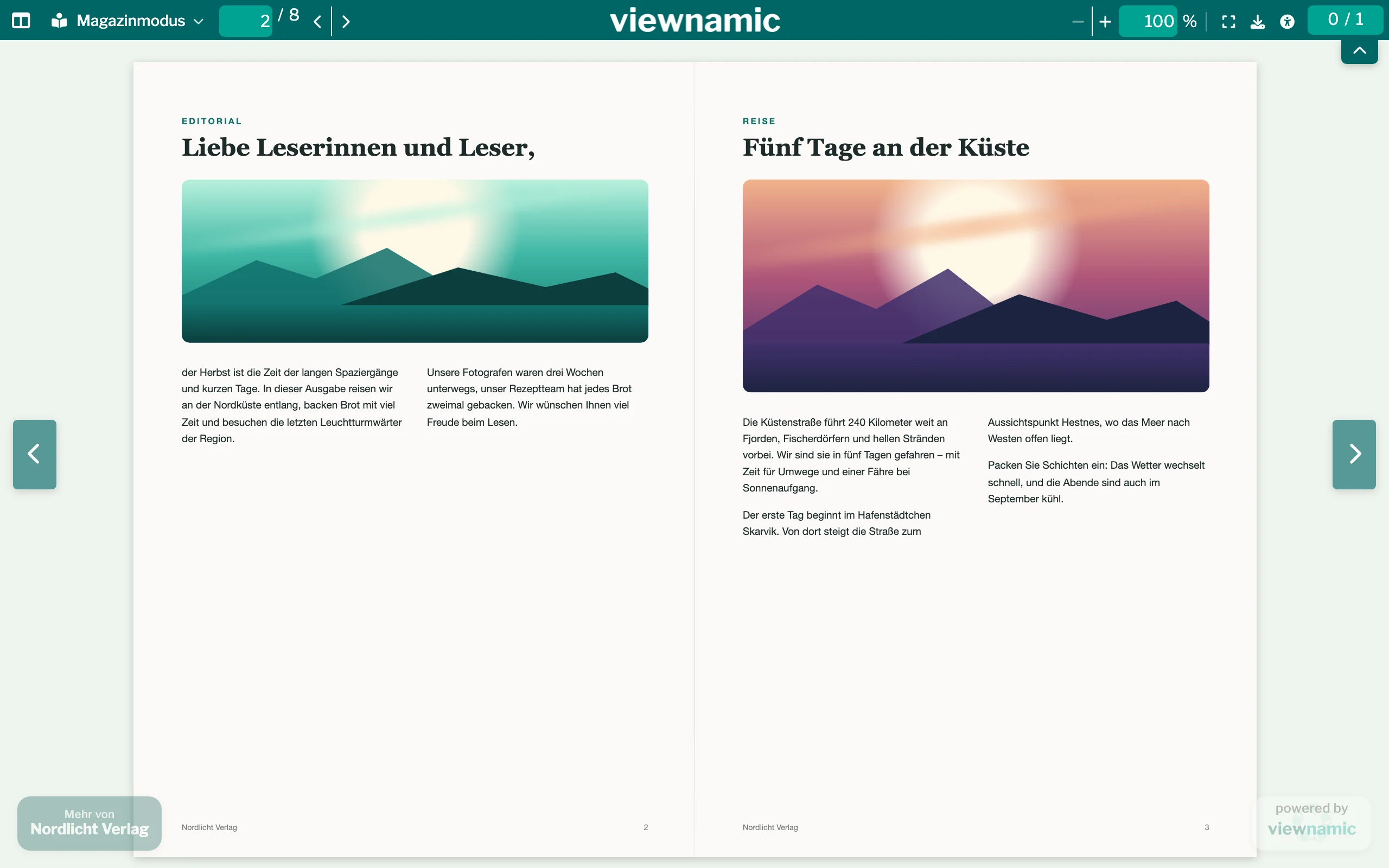 Ein Magazin im Viewer: obere Leiste mit Ansicht, Seitenfeld, Zoom, Vollbild und Download, in der Mitte eine Doppelseite, seitlich die Pfeile.