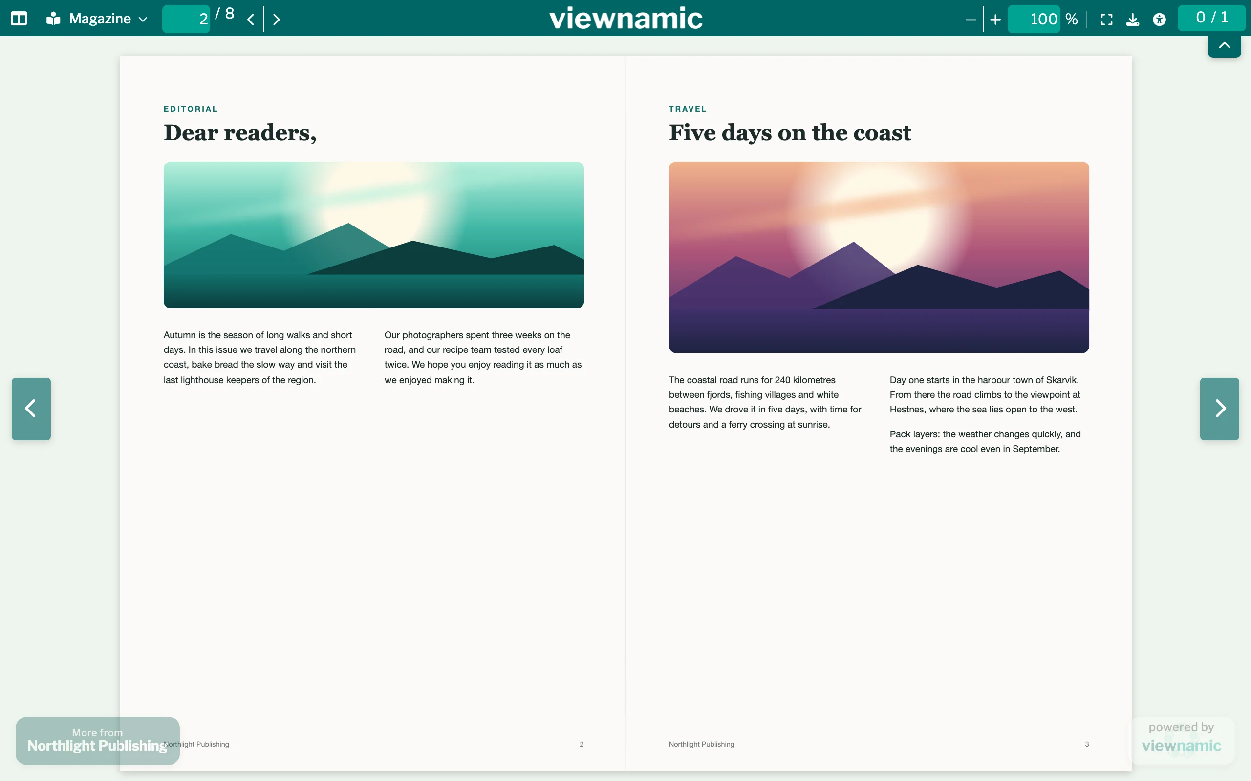 A magazine in the viewer: top bar with view, page field, zoom, fullscreen and download, a double page in the middle, arrows at the sides.