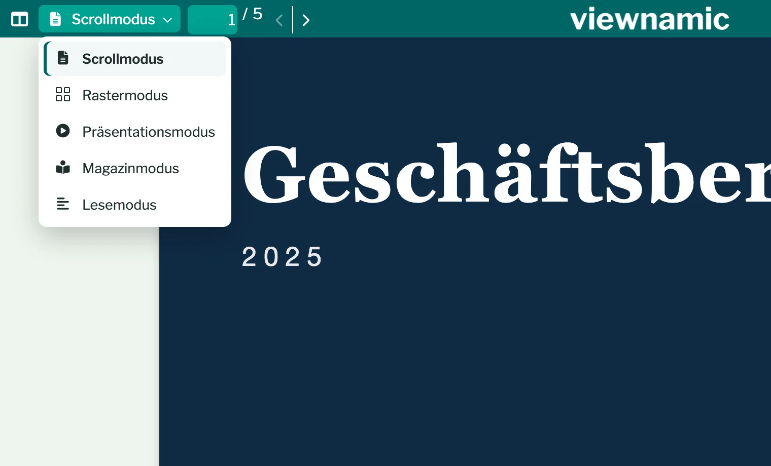 Die geöffnete Ansichtsliste im Viewer mit Scrollmodus, Rastermodus, Präsentationsmodus, Magazinmodus und Lesemodus.