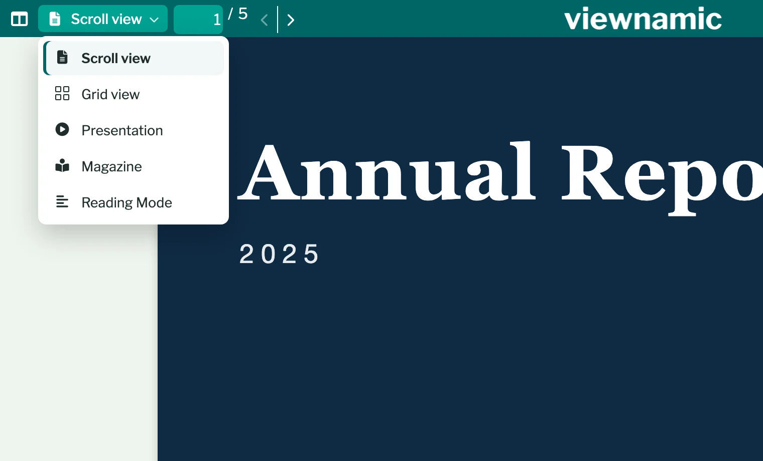 The open view list in the viewer with Scroll view, Grid view, Presentation, Magazine and Reading Mode.