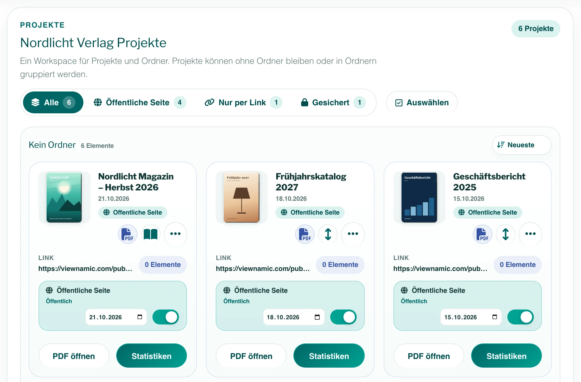 Projektkacheln im Workspace mit Covern, Zugriffs-Badges, Link, Schalter für die öffentliche Seite und Schaltflächen, darüber die Zugriffsfilter und „Auswählen“.
