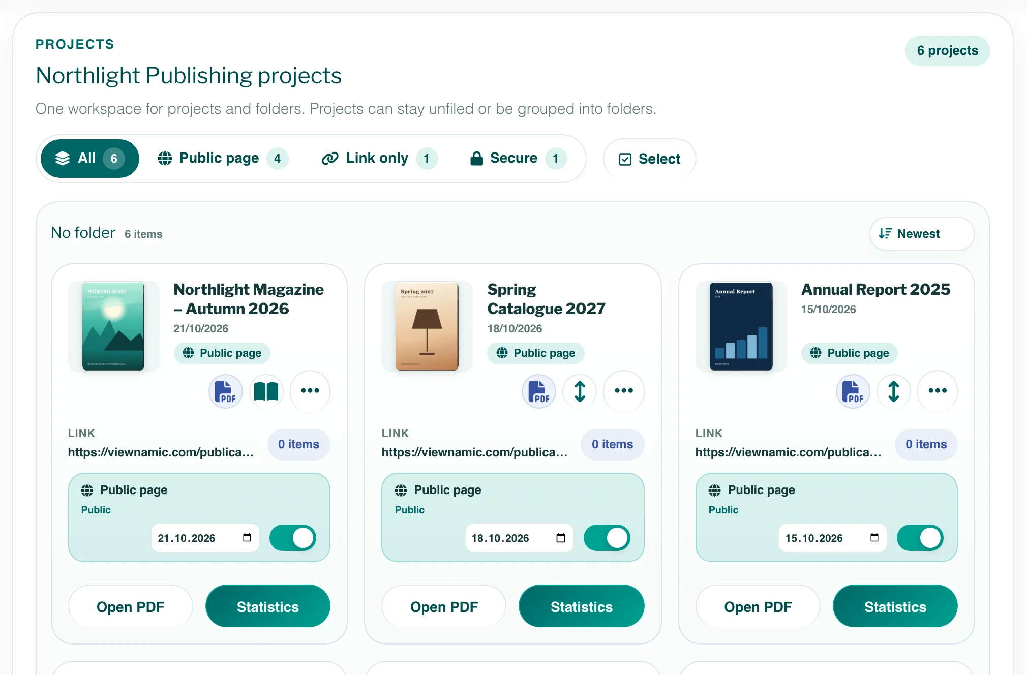 Project tiles in the Workspace with covers, access badges, link, public page switch and buttons, above them the access filters and Select.