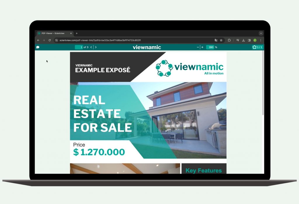 MacBook Mockup showing an example real estate expose as a PDF file opened in the Viewnamic viewer