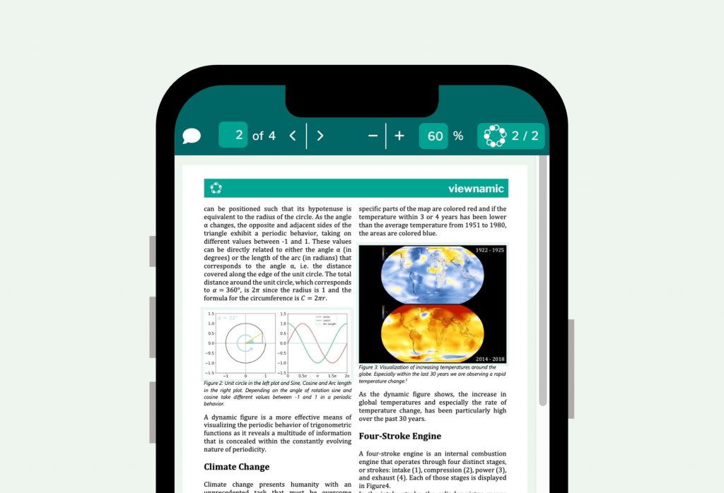 Smartphone mockup showing a science paper as a pdf document opened with the Viewnamic Viewer