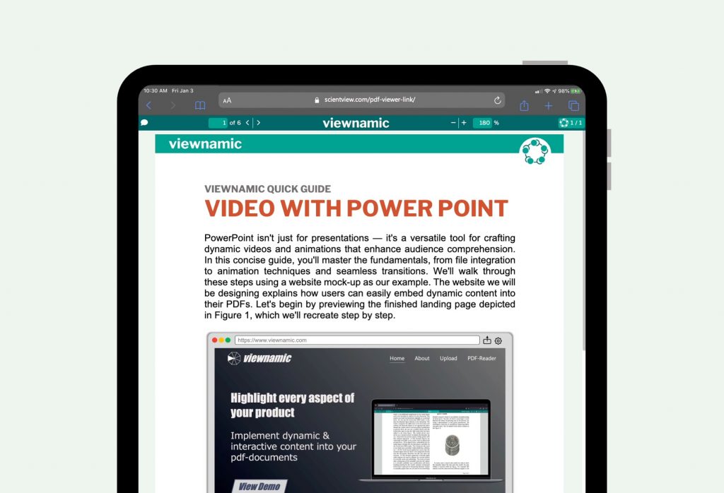 Mockup Tablet showing a software guide as a PDF document opened with the Viewnamic Viewer