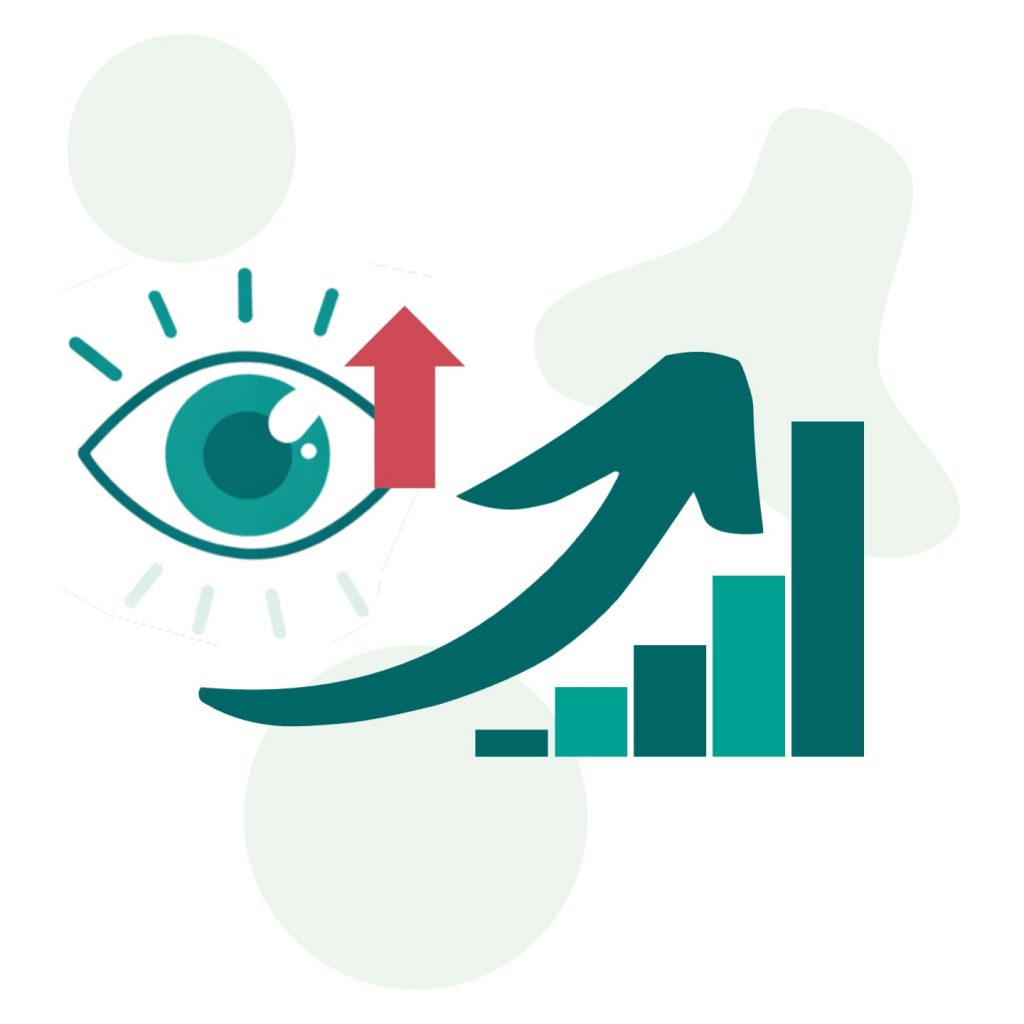 Illustration showing an eye symbol for attention and a rising bar chart with an upward arrow representing increased sales and conversion through engaging digital property exposés.