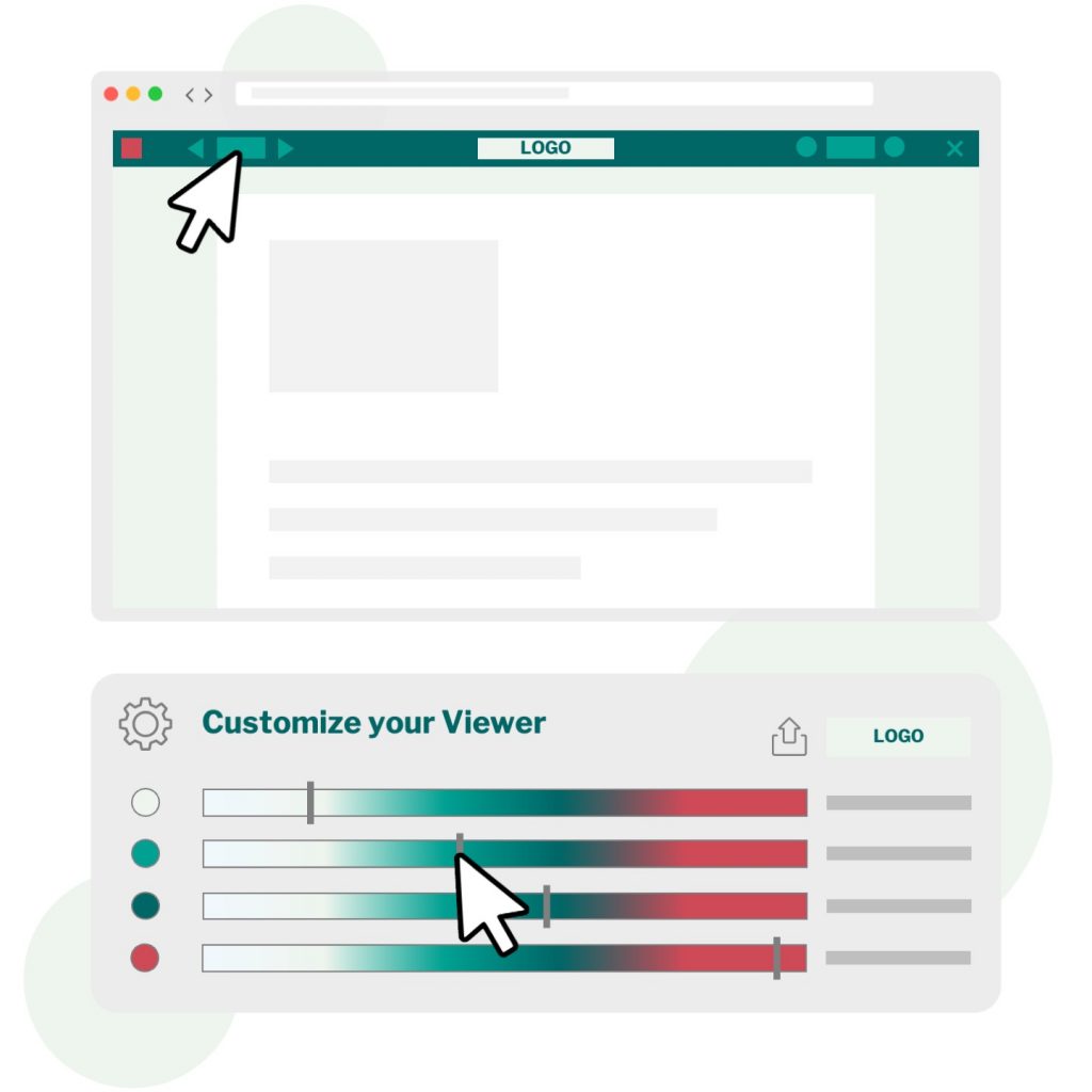 Customizable PDF viewer interface with browser mockup and interactive design panel showing color sliders, upload icon, and mouse cursor adjusting settings.