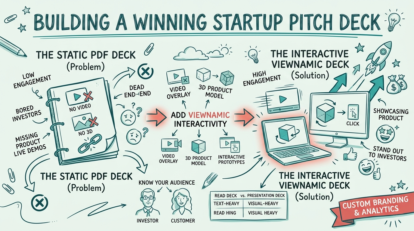 Hand-drawn schematic illustration comparing a static, low-engagement PDF startup pitch deck to a highly engaging, interactive Viewnamic pitch deck featuring embedded videos, 3D models, and custom branding.
