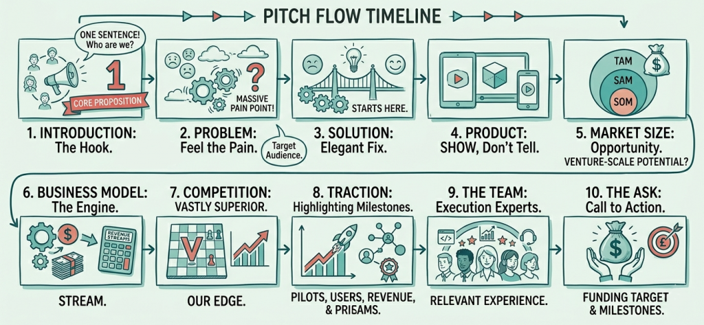Schematic illustration of 10 Steps / Slides that lead to an investor ready pitchdeck.