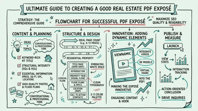 Handgezeichnetes Flussdiagramm für ein erfolgreiches Immobilien-Exposé als PDF: Inhalt und Planung, Struktur und Design, dynamische Elemente wie Videos und 3D-Rundgänge, Veröffentlichen und Messen.