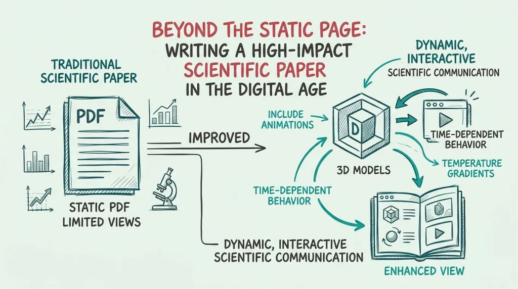 Illustration: Ein statisches wissenschaftliches PDF wird zum interaktiven Paper mit Animationen, 3D-Modellen, Temperaturgradienten und zeitabhängigem Verhalten.