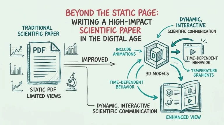 Illustration: Ein statisches wissenschaftliches PDF wird zum interaktiven Paper mit Animationen, 3D-Modellen, Temperaturgradienten und zeitabhängigem Verhalten.