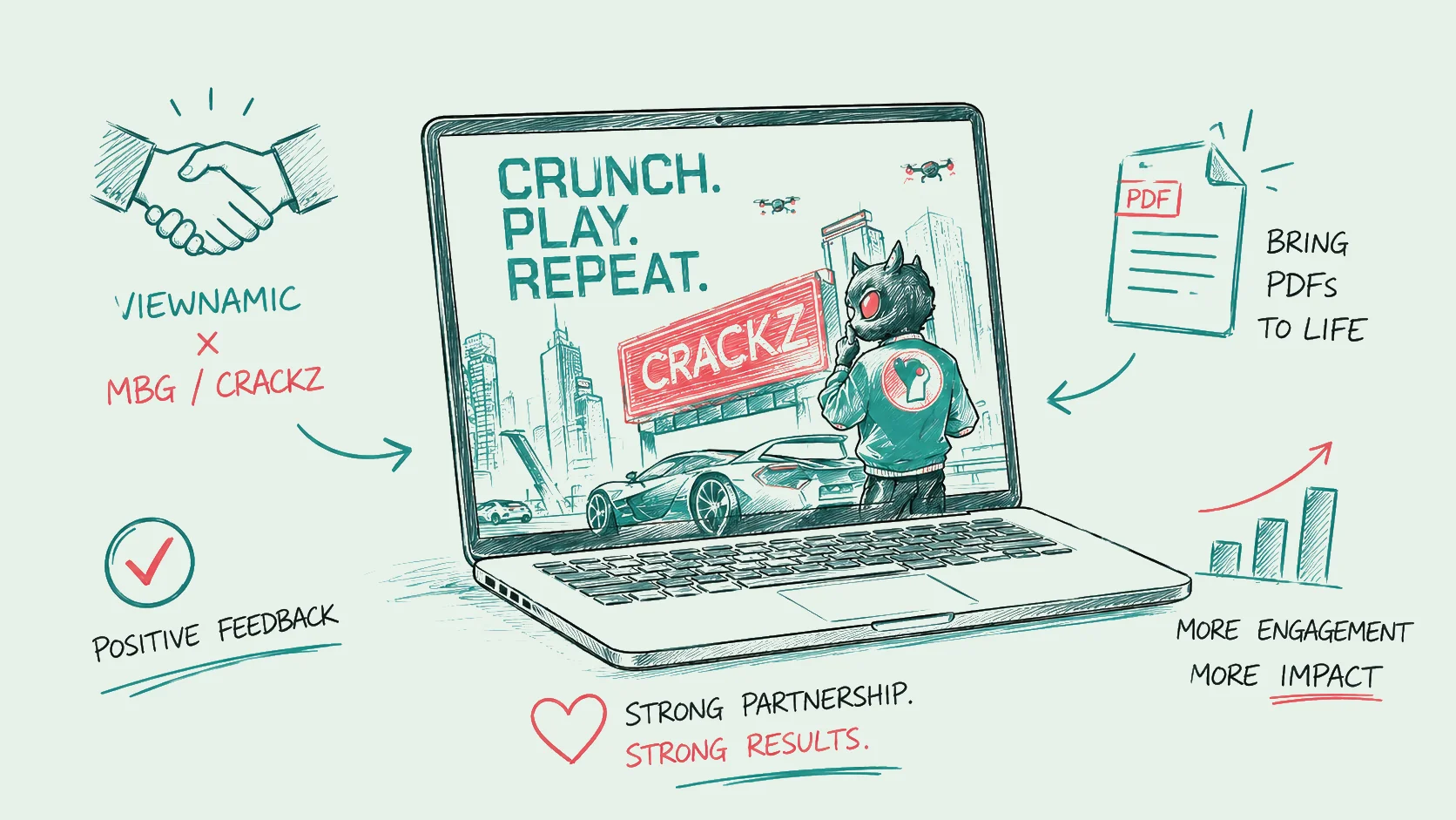Hand drawn sketch style illustration of a laptop displaying the interactive CRACKZ sales folder created by Viewnamic for MBG Global, featuring animated branding elements, dynamic PDF visuals, and marketing engagement icons.