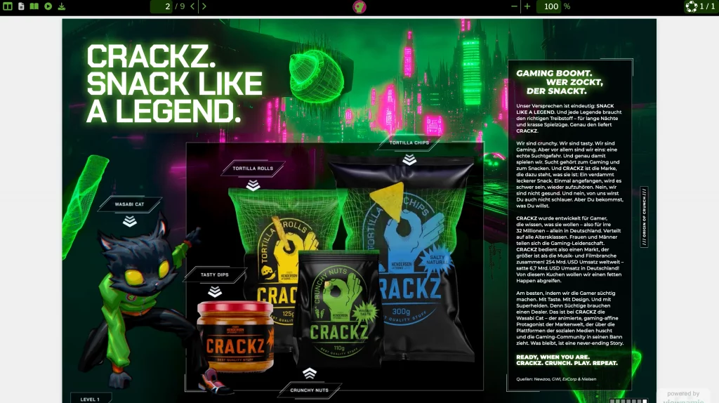 A neon green and magenta CRACKZ salesfolder displayed in the Viewnamic web viewer. The page shows the slogan “CRACKZ. Snack like a legend.”, a futuristic gaming city, a stylized cat character and several snack products including tortilla rolls, tortilla chips, dips and crunchy nuts. A text panel on the right explains the brand concept for gamers.