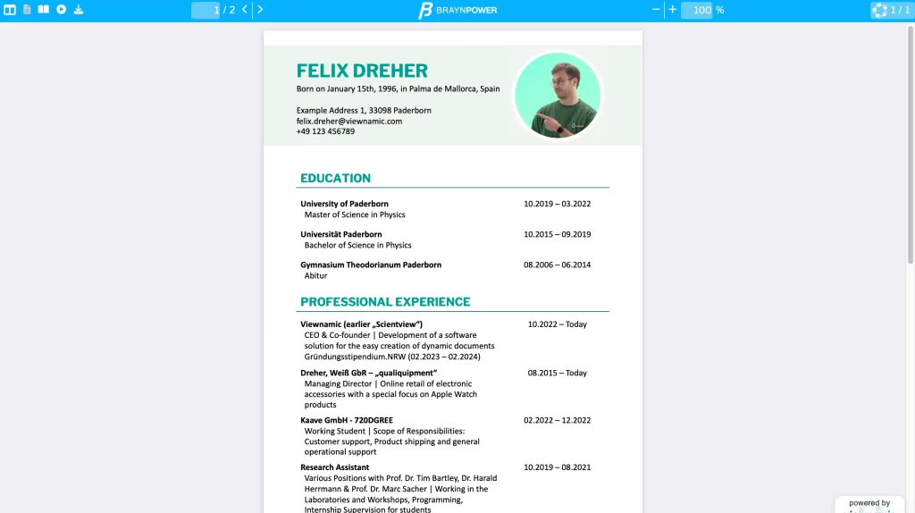Interactive CV of Felix Dreher displayed in a branded Viewnamic viewer with profile photo, education and professional experience.