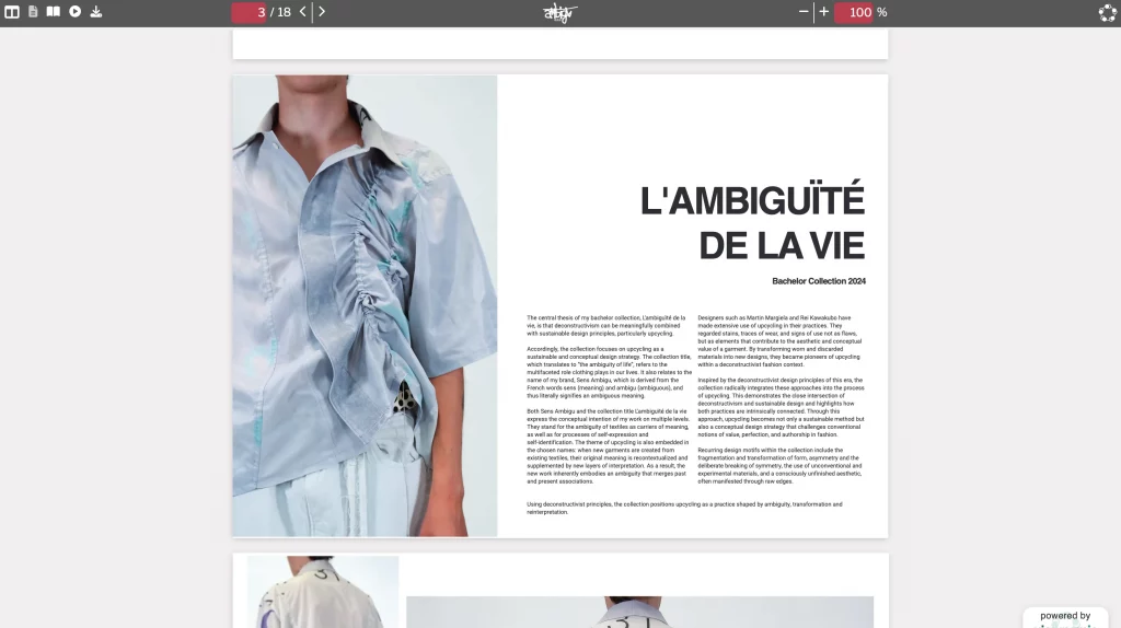 Lennart Müller Sens Ambigu design portfolio in the Viewnamic viewer showing L’Ambiguïté de la Vie fashion collection.