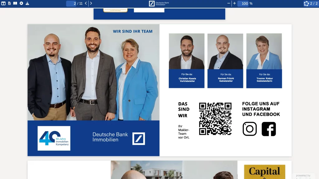 Deutsche Bank Immobilien brochure in the Viewnamic viewer with team portraits, QR code and social media links.