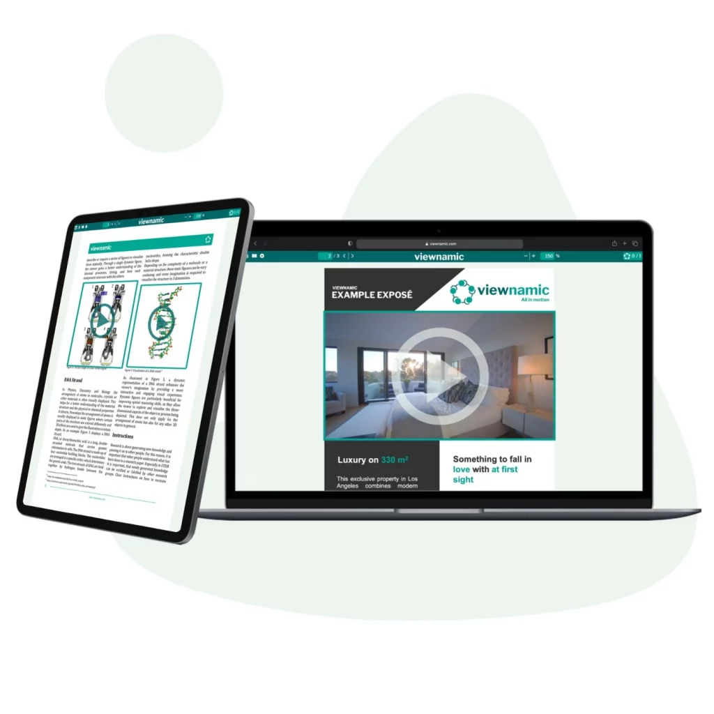 Laptop and tablet showing interactive PDF documents with embedded video and visual content in the Viewnamic Reader.