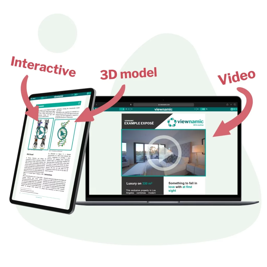 Viewnamic hero image showing interactive PDFs with embedded videos, 3D models and clickable digital content on tablet and laptop.
