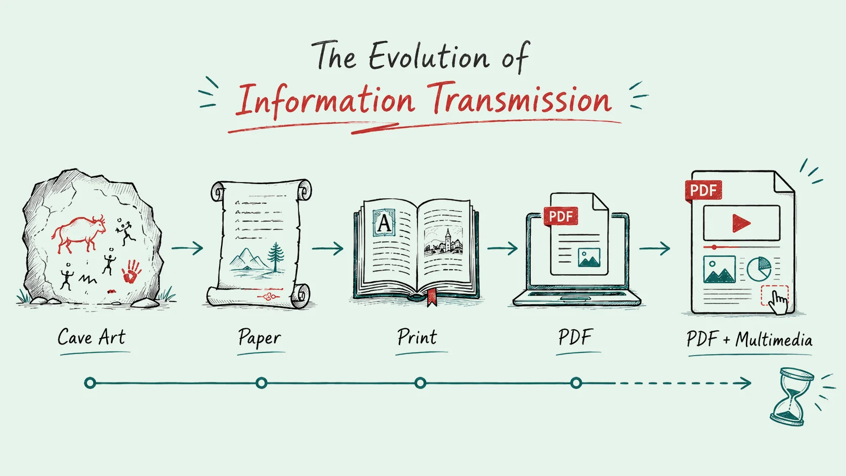 Hand drawn timeline showing the evolution of information transmission from cave art to paper, print, PDF and PDF with multimedia.