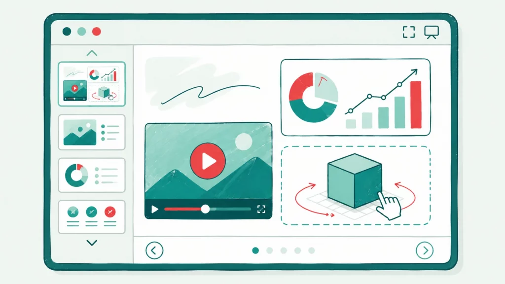 Illustrated Viewnamic viewer interface showing embedded video, analytics charts, slide navigation and an interactive 3D model.