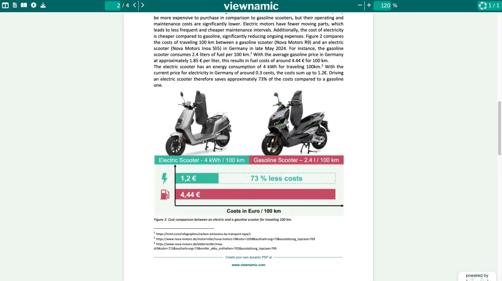 Interactive report in the Viewnamic viewer comparing electric scooter and gasoline scooter travel costs with a visual cost chart.