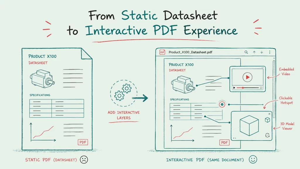 Ein statisches Produktdatenblatt neben demselben PDF in Viewnamic – mit eingebettetem Video, klickbarem Hotspot und 3D-Modell.
