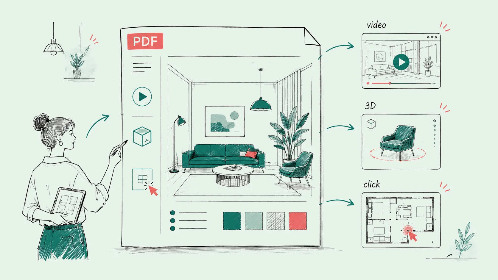 Hand drawn illustration of an interior design PDF with embedded video, 3D model and click dummy elements.