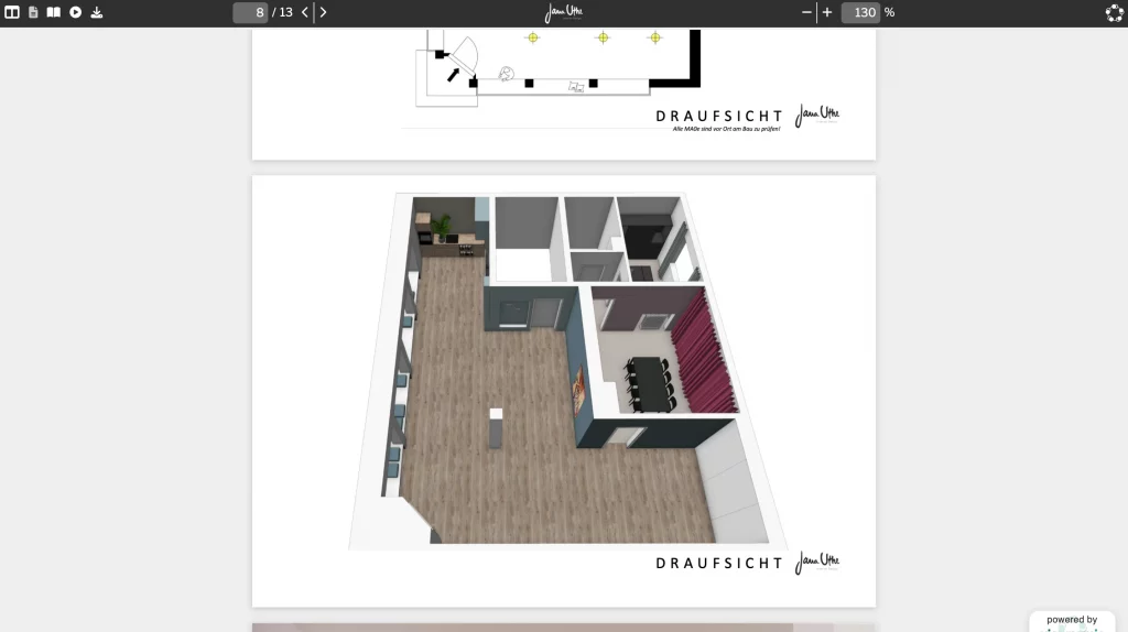 A page from an interior design portfolio shown in the Viewnamic web viewer. The page presents a three dimensional overhead floor plan with wood flooring, a kitchen area, seating, a meeting room and curtains, branded with the Jana Uhre Interior Design logo.