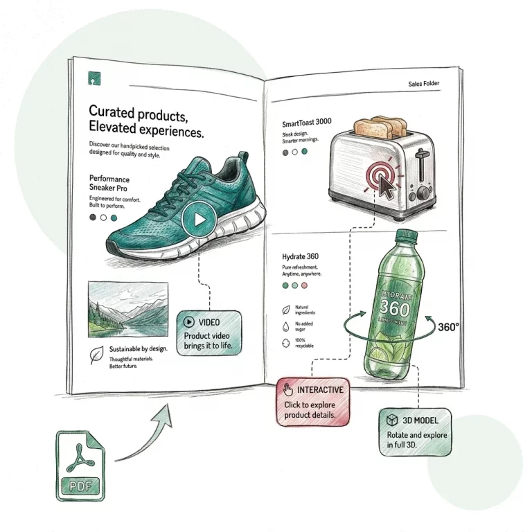 A hand-drawn, sketchy-style illustration of an open PDF sales folder showcasing interactive digital elements. The left page features a teal sneaker with a video overlay button, while the right page shows a toaster with a red interactive click target and a beverage bottle with a 360-degree 3D model rotation arrow. In the bottom right corner, a sketchy arrow points from a green PDF file icon up to the brochure, illustrating a document coming to life.