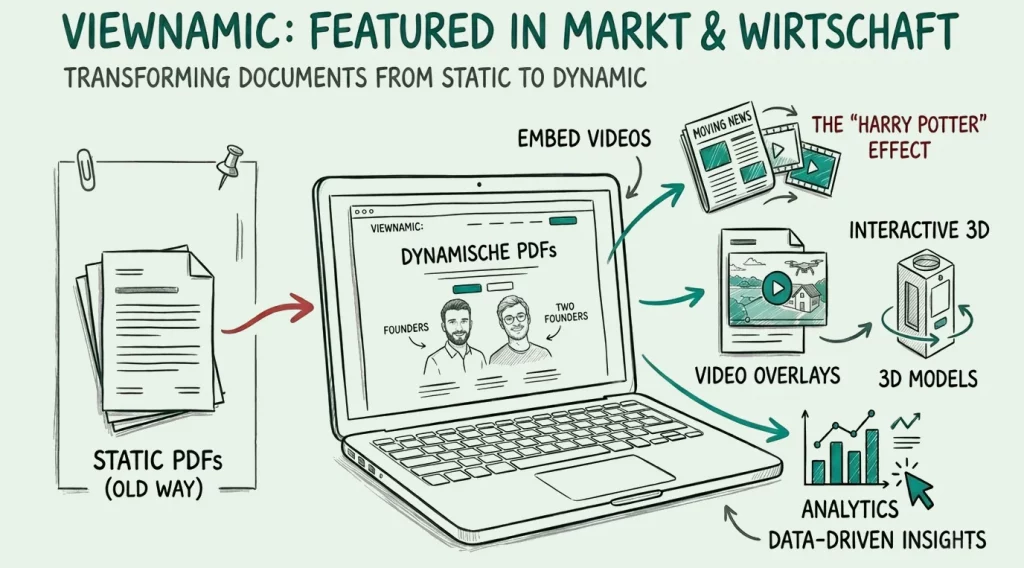 Illustration zum Artikel von Markt & Wirtschaft über Viewnamic: Aus statischen PDFs werden dynamische Dokumente mit Videos, 3D-Modellen und Statistiken.