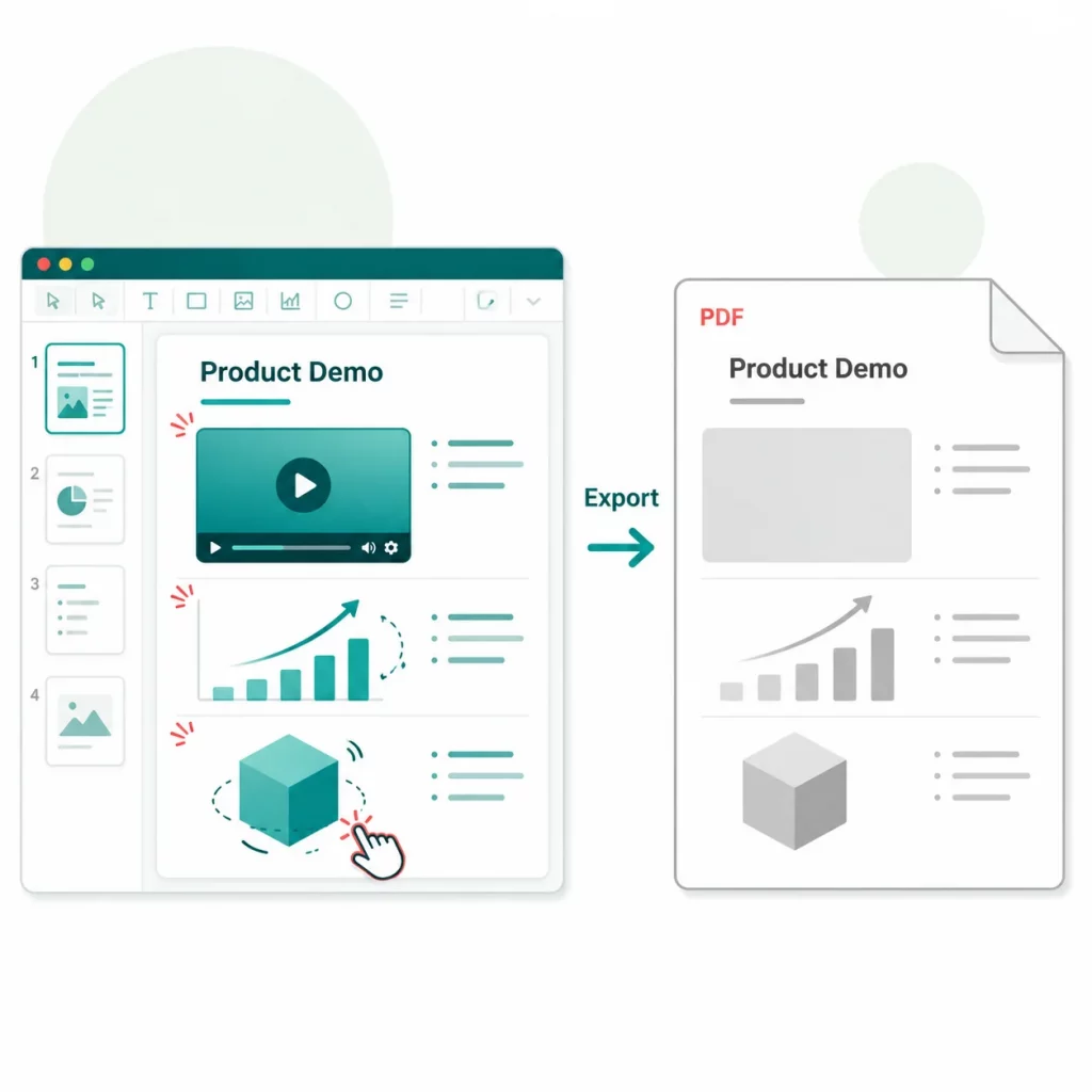 Presentation software exporting an interactive slide to a static PDF where video, animation and 3D media are no longer active.