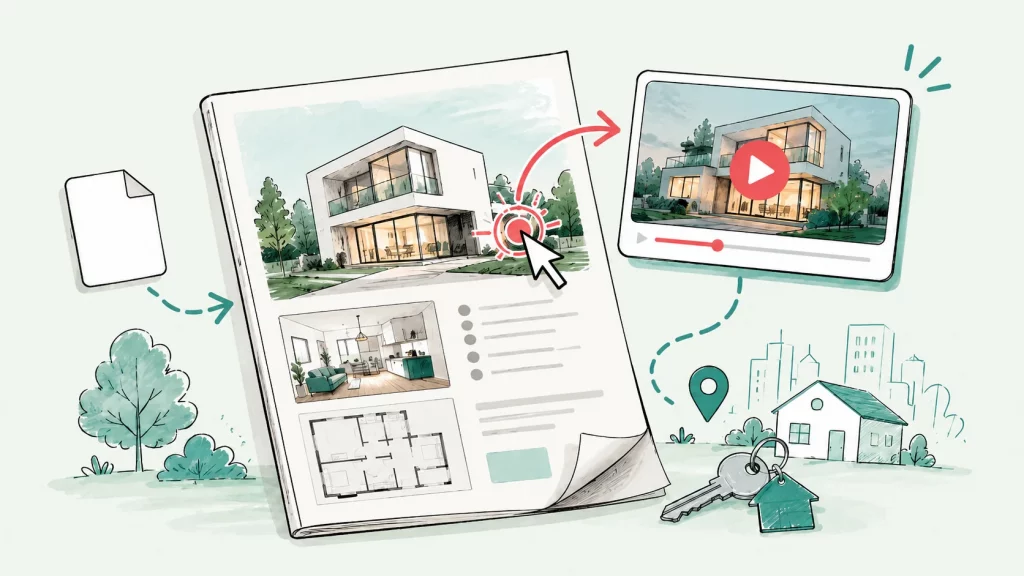 Illustrated real estate brochure with clickable property image, embedded video preview and housing icons.