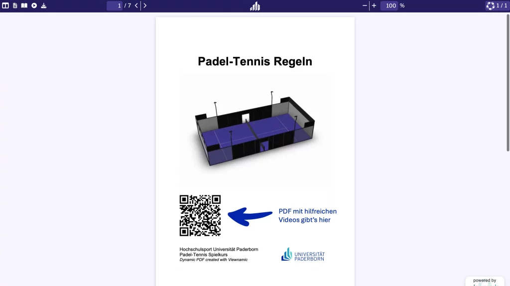 A Padel Tennis rulebook shown in the Viewnamic viewer. The cover page includes a three dimensional padel court graphic, a QR code linking to helpful videos, the Universität Paderborn logo and text for a university sports padel tennis course.