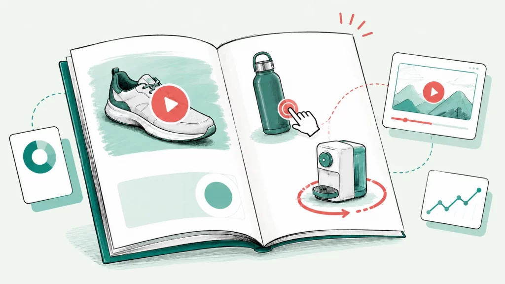 Illustrated Viewnamic thumbnail showing an interactive digital sales folder with videos, clickable product elements and analytics.