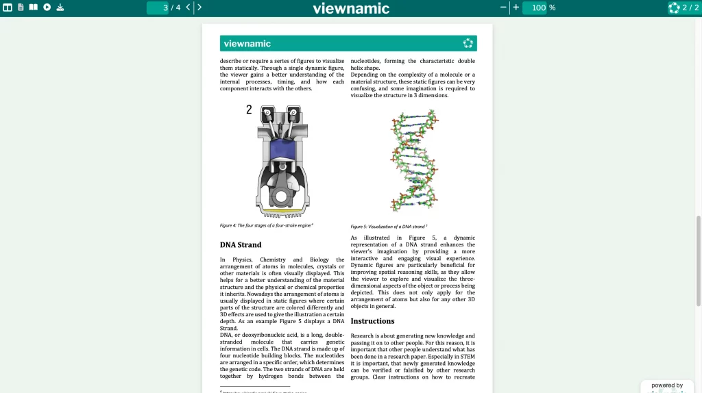 Scientific paper displayed in the Viewnamic viewer showing a four stroke engine diagram and a DNA strand visualization.