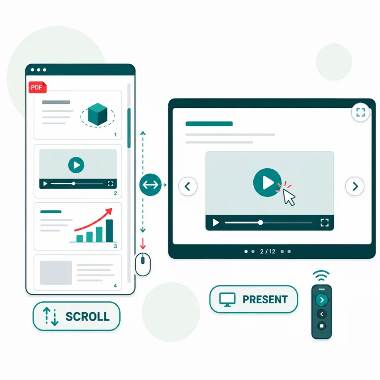 PDF presentation shown in scroll mode and full screen presentation mode with playable video, slide navigation and clicker control.