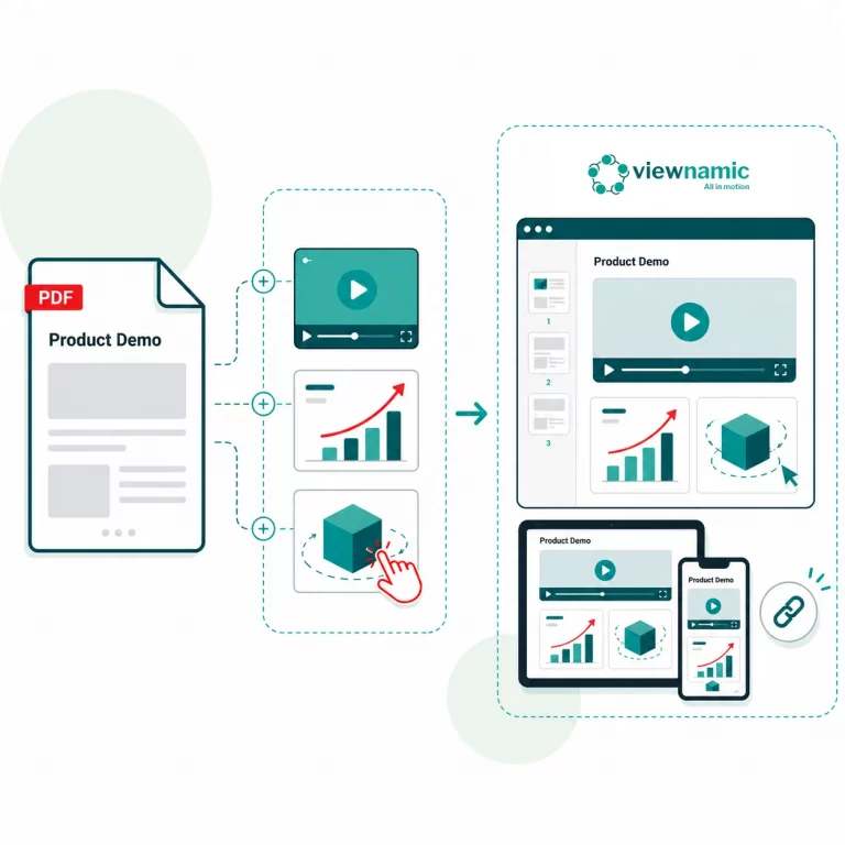 Viewnamic adding video, charts and 3D content to a PDF presentation and displaying the interactive slides across browser, tablet and smartphone.